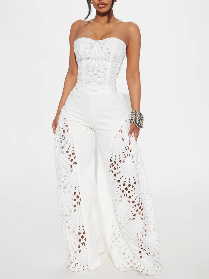 Lace Cutout Strapless Flare Pants Two-Piece Set