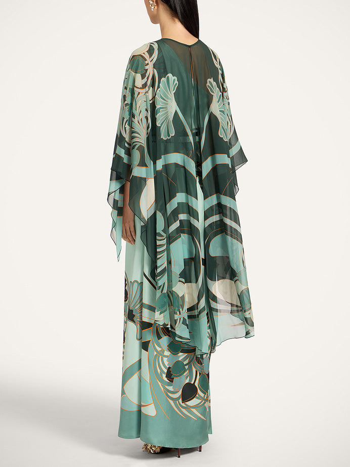 Unique Art Nouveau Printed Tulle Shawl Dress Set