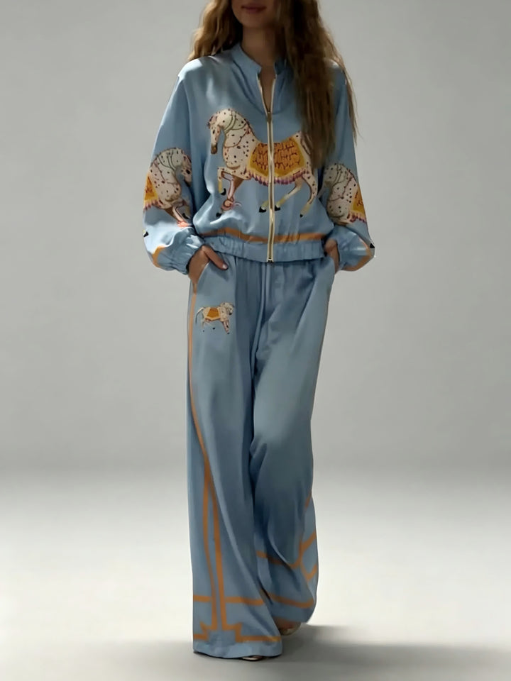 Exquisite Satin Horse Print Wide-Leg Pants