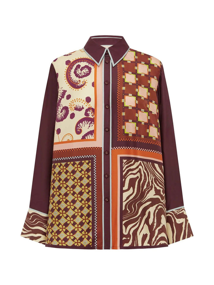 Unique Paisley Color-Block Satin Shirt