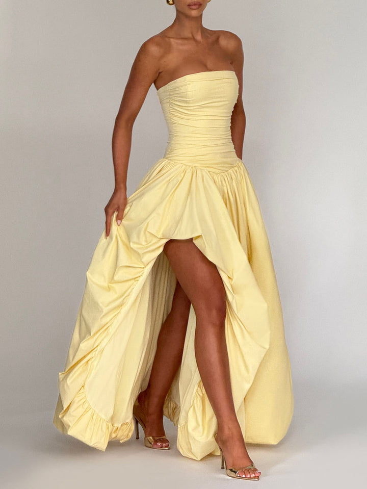 Elegant Strapless Ruched High-Slit Ball Gown Maxi Dress