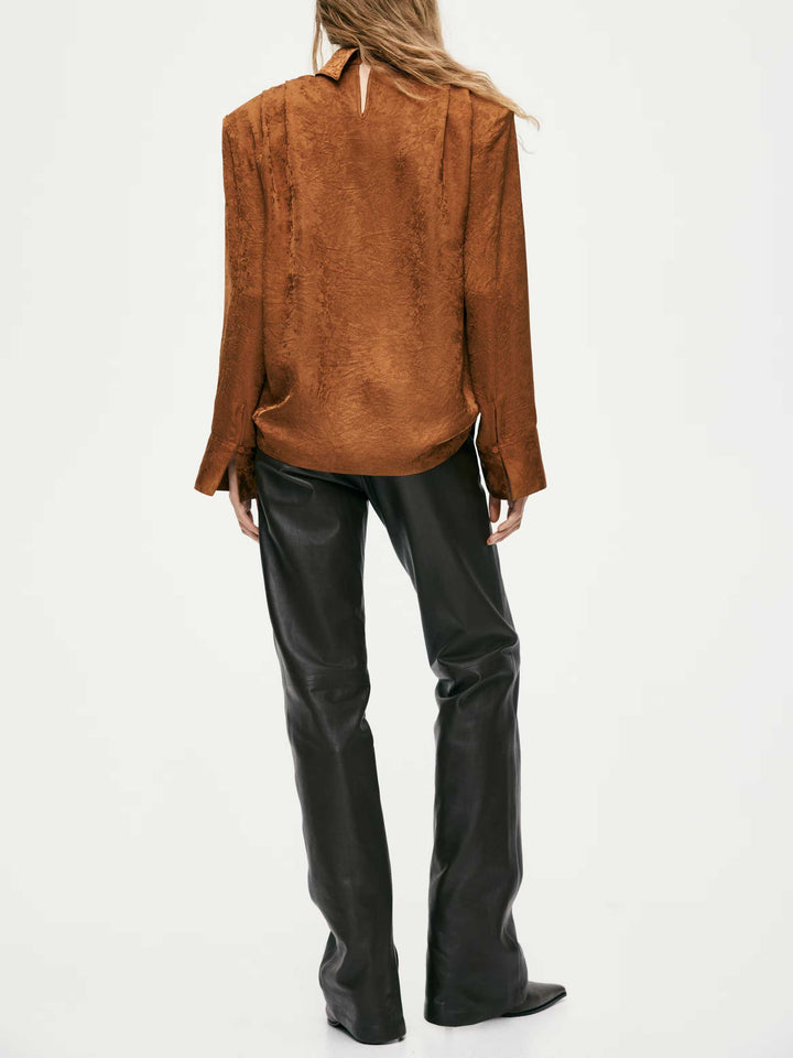 Elegant Satin High-Neck Long-Sleeve Blouse