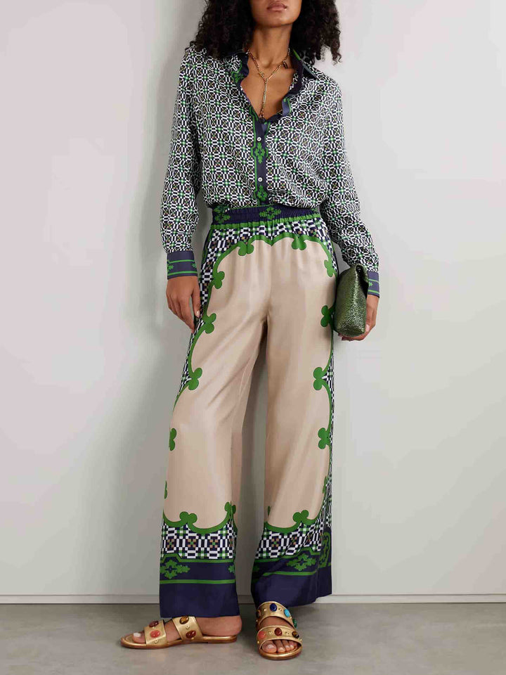 Unique Geometric Pattern Printed Satin Long-sleeved Shirt