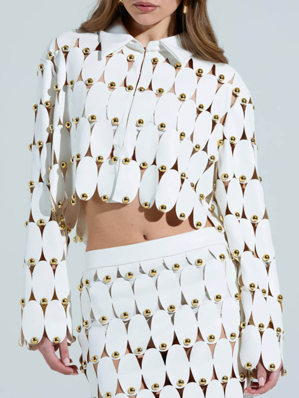 Exquisite Cut-Out Studded PU Cropped Cardigan Top And Maxi Skirt Set