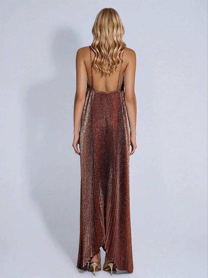 Elegant Pleated Deep V-neck Sleeveless Maxi Dress