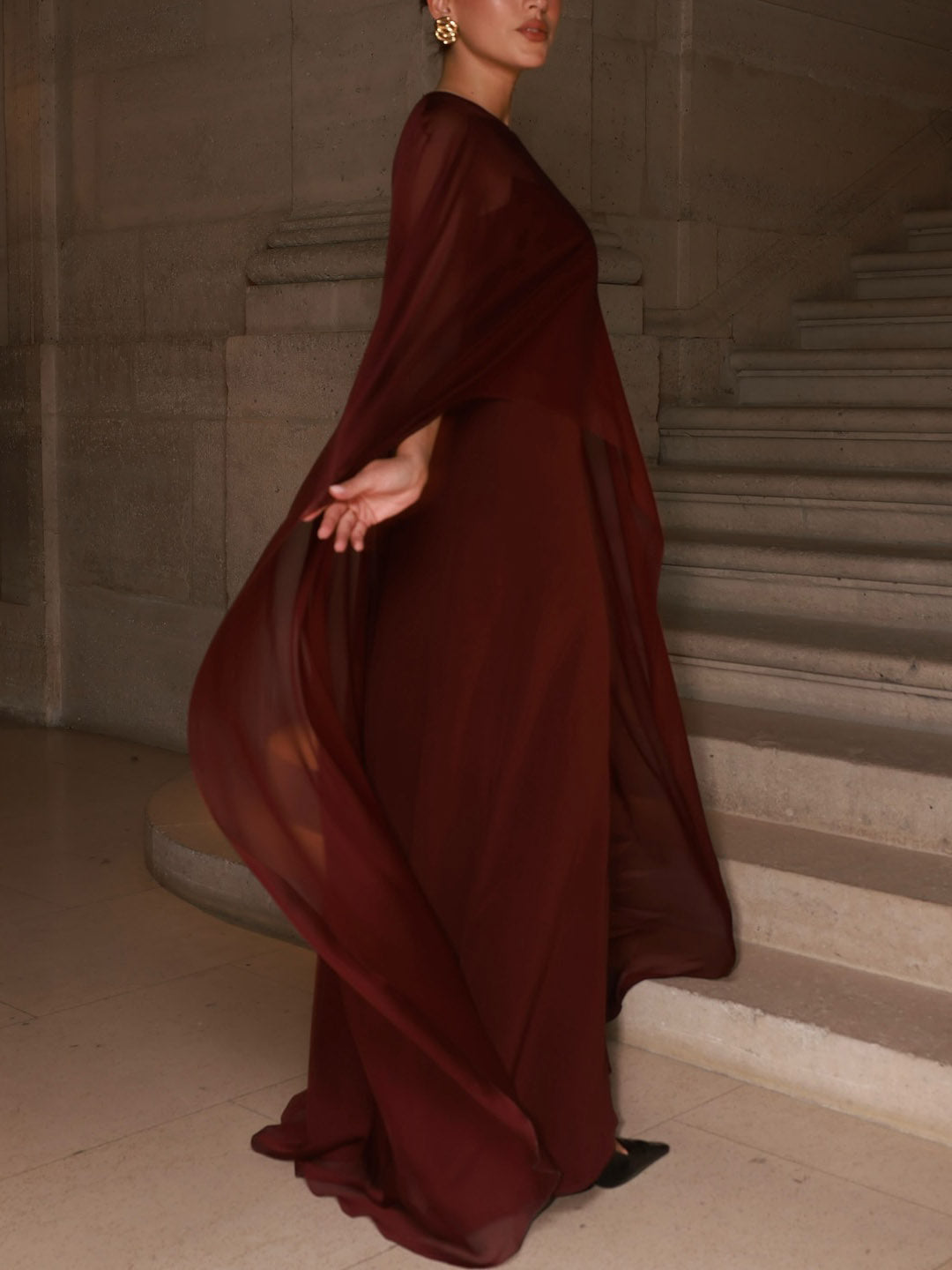 Elegant Sheer Cape Maxi Dress