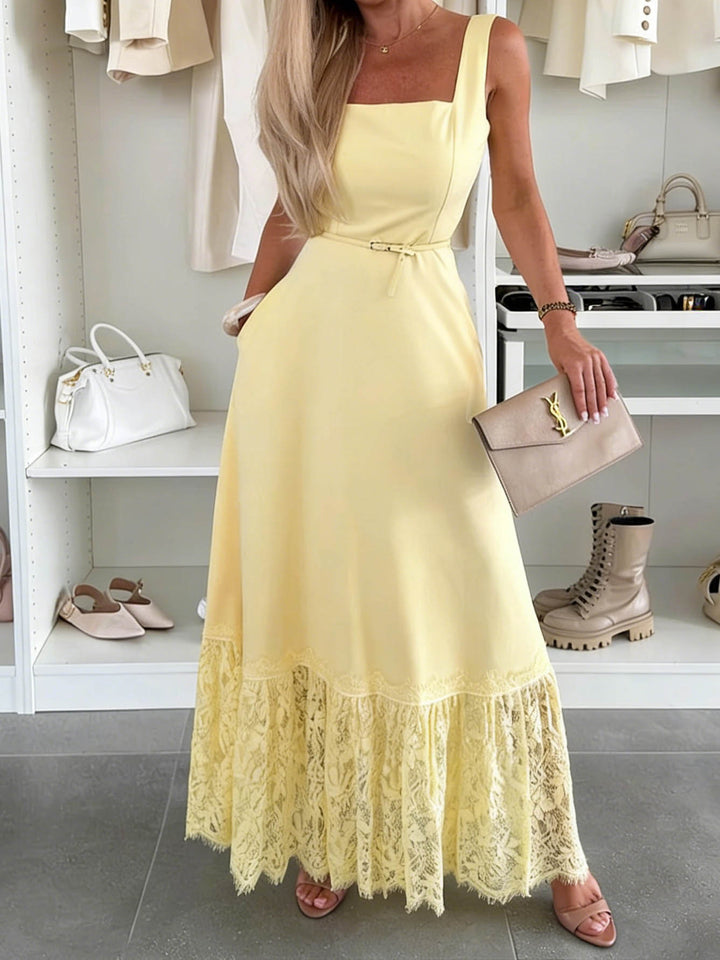 Elegant Square Neck Tie-Up Lace Maxi Dress