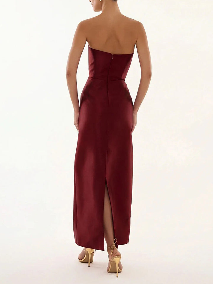 Elegant Strapless Feather Trim Evening Gown Maxi Dress