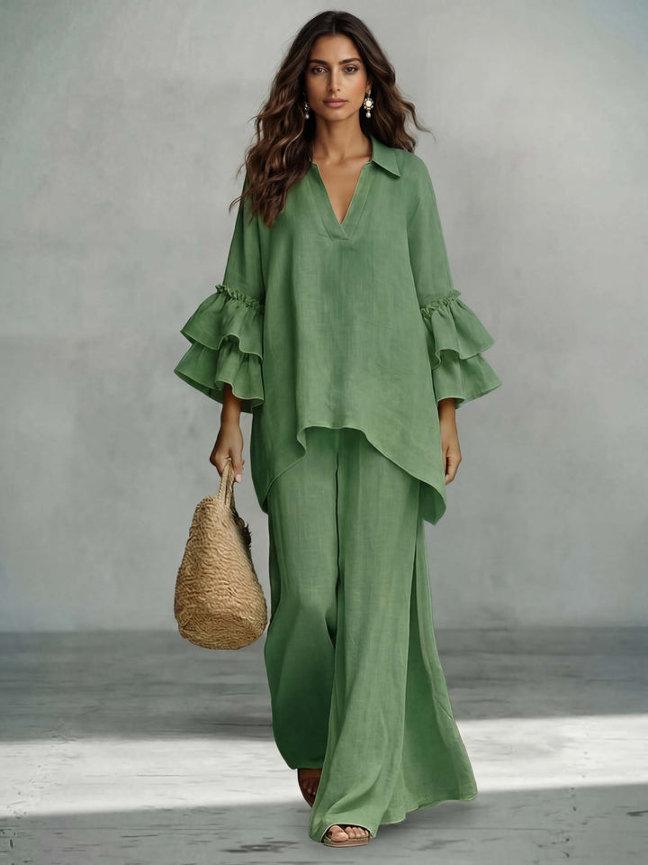 Casual Ruffle Sleeve V-Neck Top & High Waist Wide Leg Pants Set