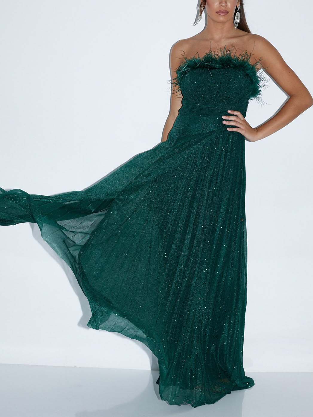 Elegant Feather Trim Shimmer Strapless Maxi Dress