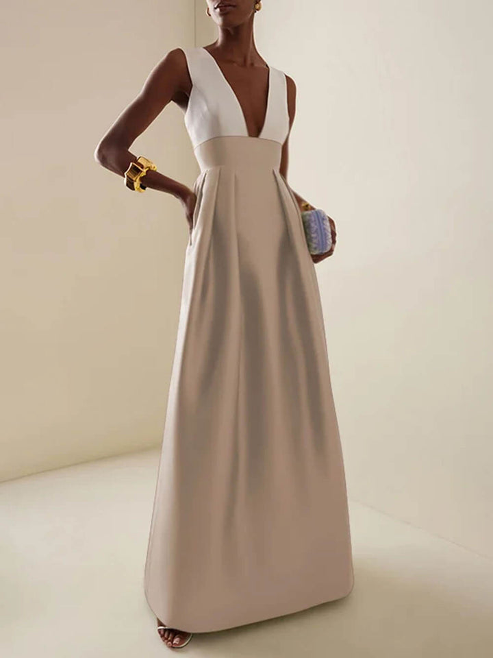 Elegant Deep V-Neck Colorblock Ruched A-Line Maxi Dress