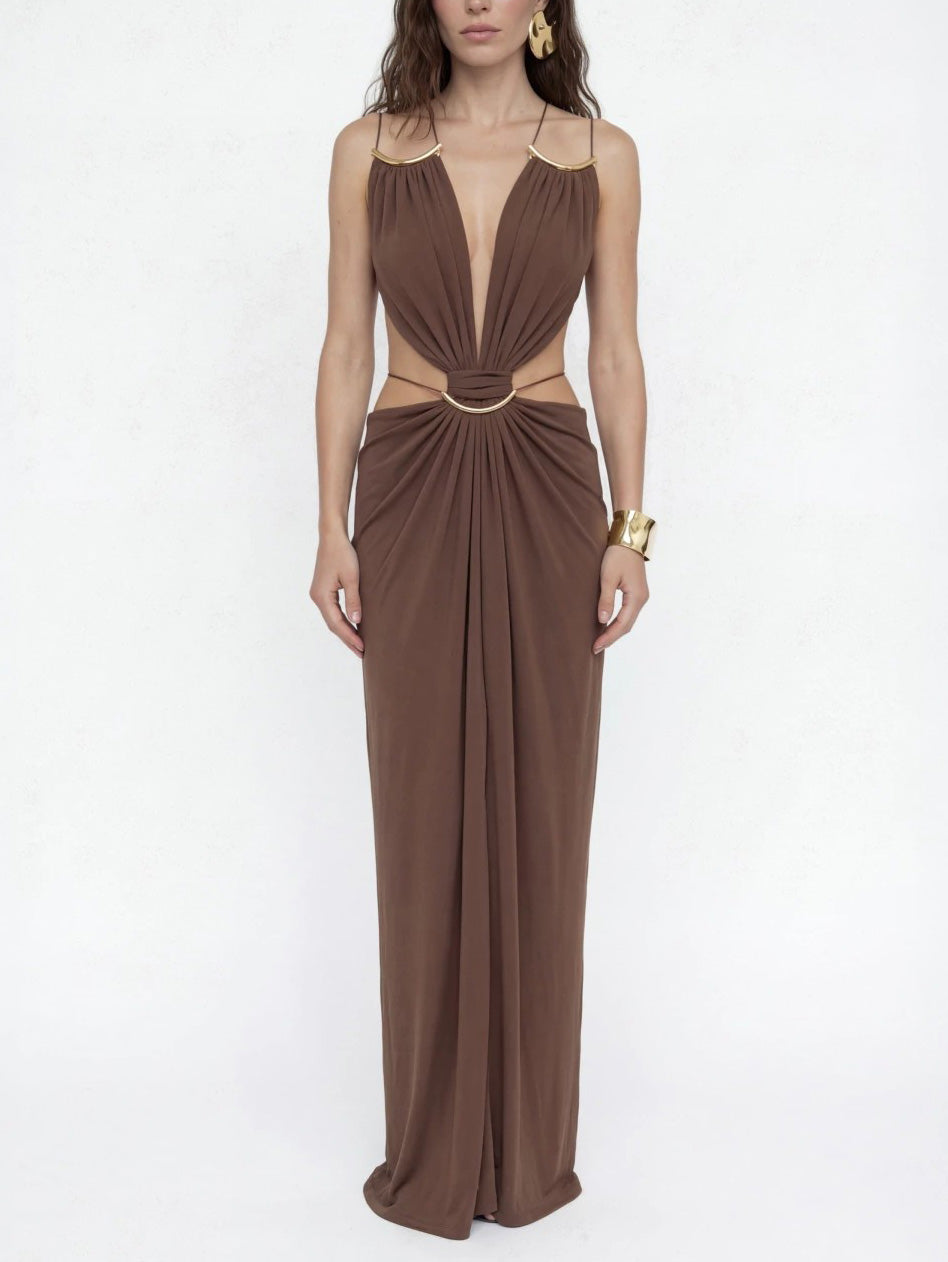 Sexy Metal Chain Cut-Out Backless Lace-Up Draped Maxi Dress