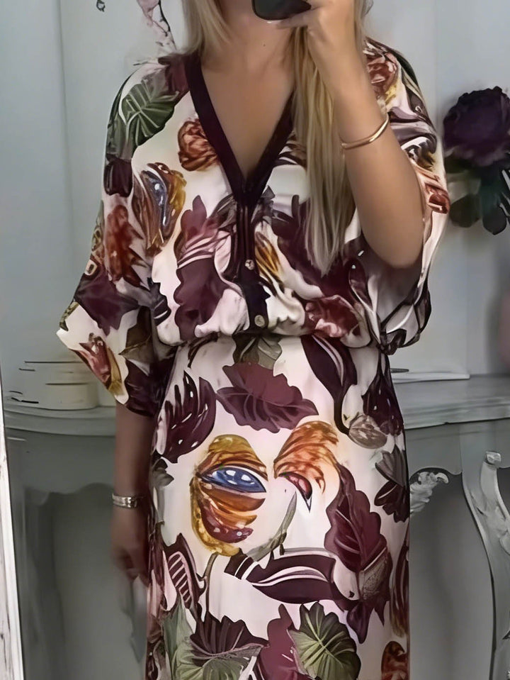 Retro Jungle Palm Leaf Satin Print Batwing Sleeve Shir