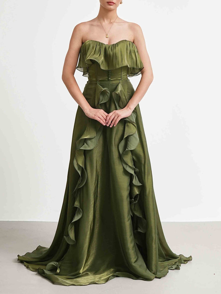 Elegant Strapless Ruffle High Slit Corset Maxi Dress