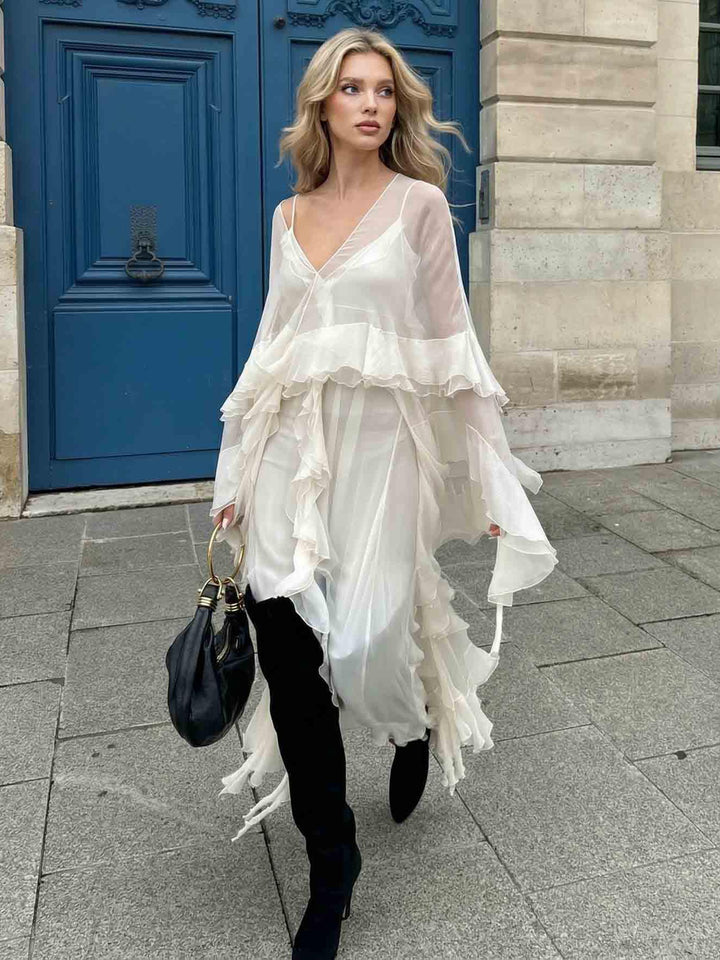 Elegant Tulle Ruffled Flowy Beach Maxi Dress