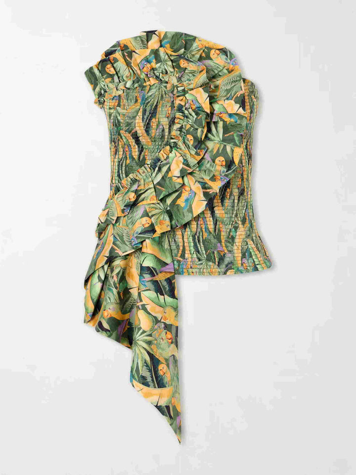 Exquisite Tropical Parrot Print Ruffle Top & Lantern Pants Two-Piece Set