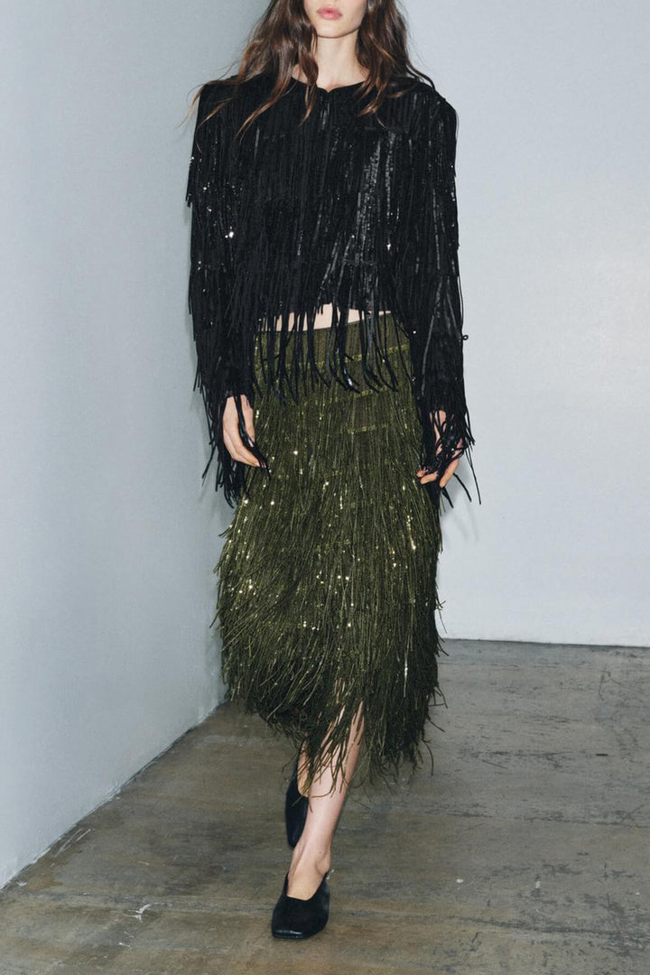 Exquisite Sequin Fringe Long-Sleeve Jacket And Skirt Set