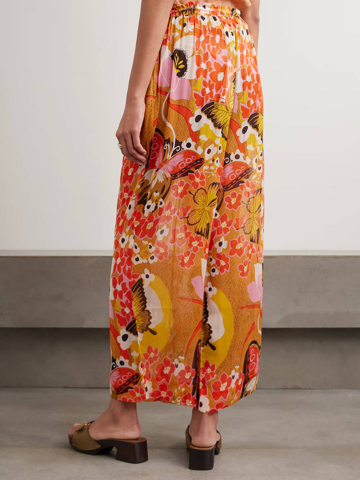Unique Floral Print Elastic Waist Straight-Leg Pants