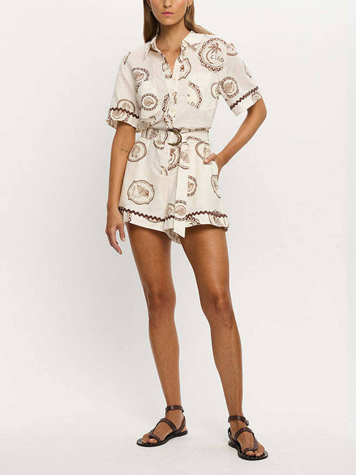 Elegant Lace-Up Linen Shell Print Cardigan Jumpsuit