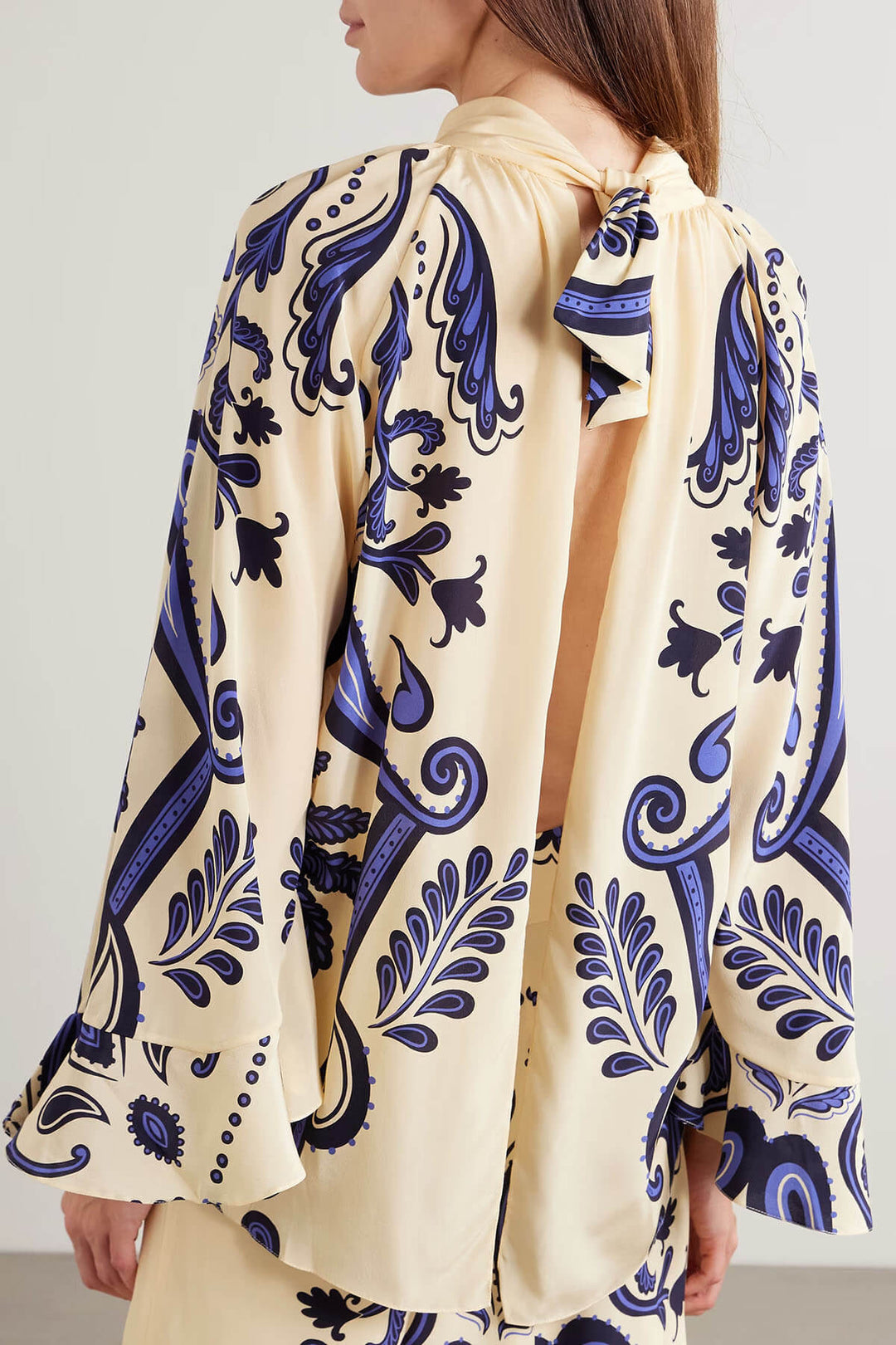Exquisite Tie-Waisted Cutout Print Satin Loose-Fit Shirt