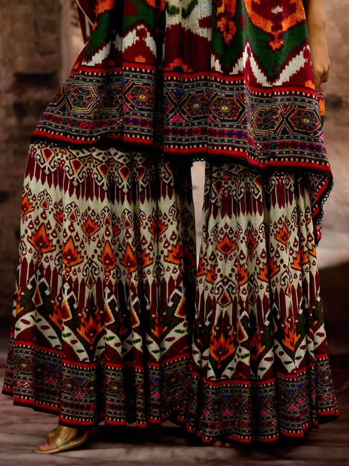 Unique Ethnic Print Bell Bottom Oversized Wide-Leg Pants