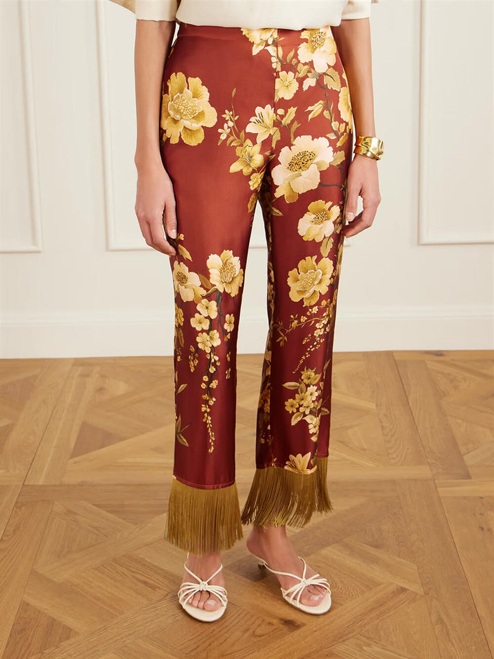 Exquisite Fringe Floral Print Satin Twill Relaxed Shirt