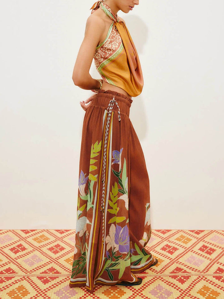 Delicate Ruffle Printed Drawstring Slit Wide-Leg Pants