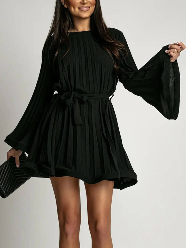 Elegant Round Neck Bell Sleeve Tie-Waist Ruched Mini Dress