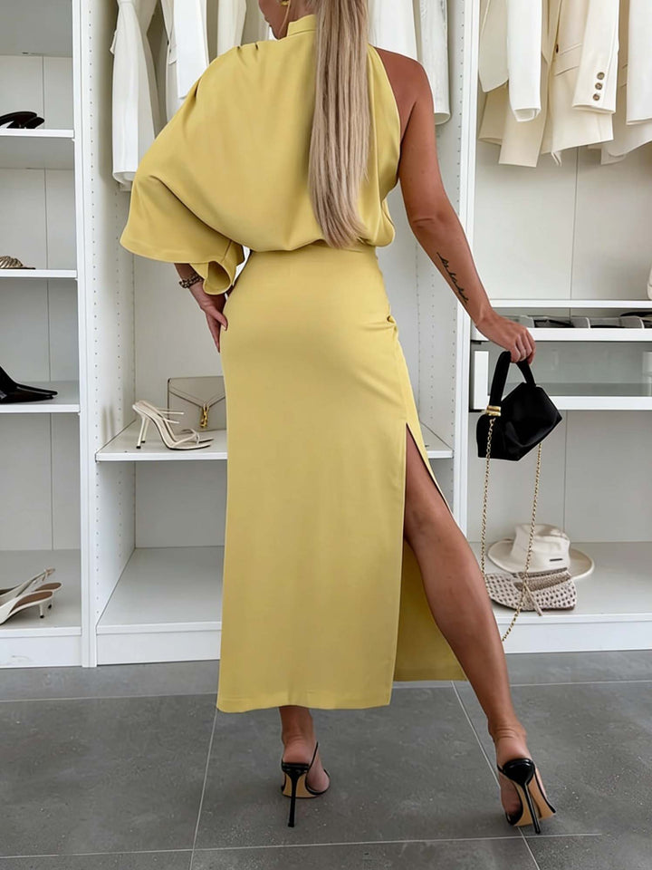 Elegant Satin One-Shoulder Ruched Slit Maxi Dress