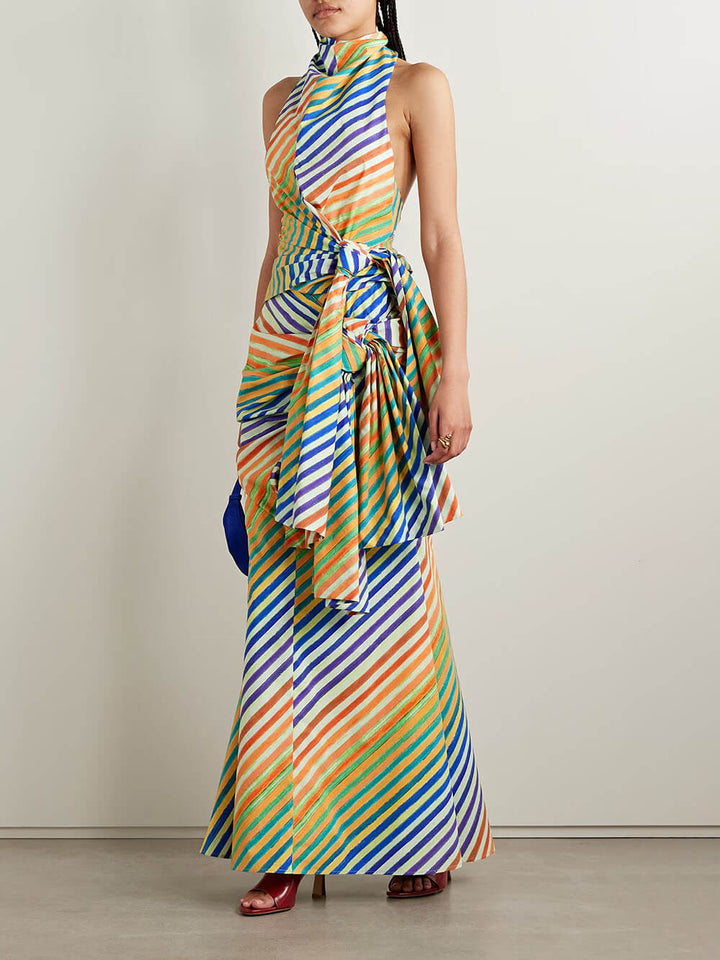 Unique Striped Print Crayon Knot A-Line Maxi Skirt