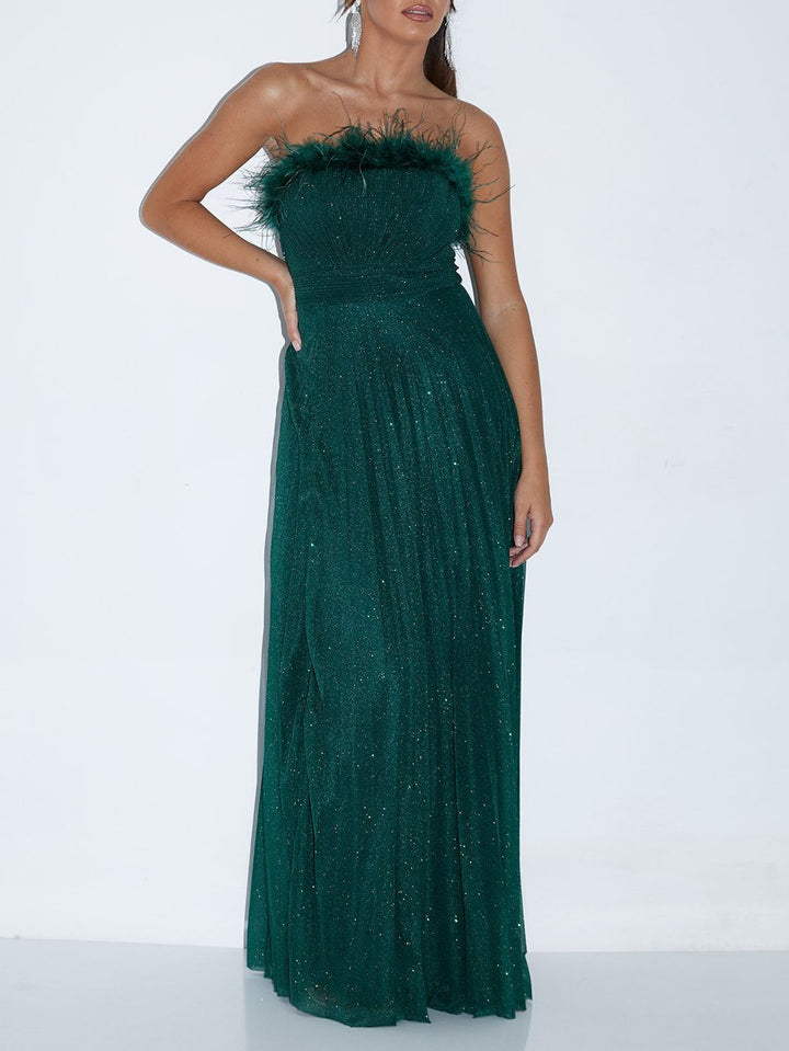 Elegant Feather Trim Shimmer Strapless Maxi Dress