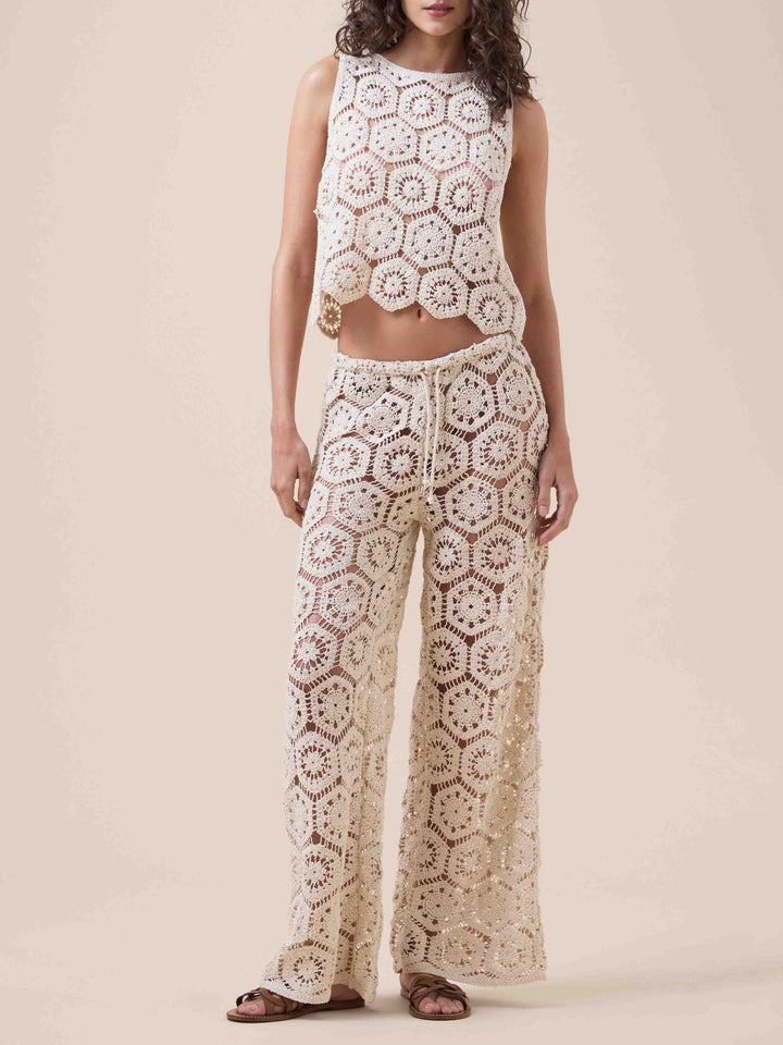 Bohemian Crochet Cutout Top & Wide-Leg Pants Two-Piece Set