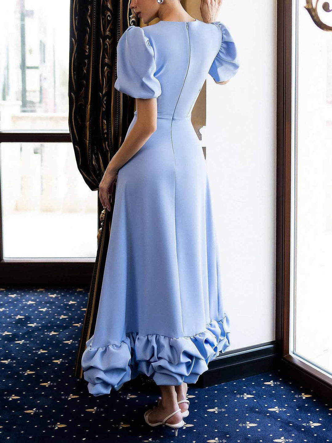 Elegant Puff Sleeve Ruffle Hem Maxi Dress