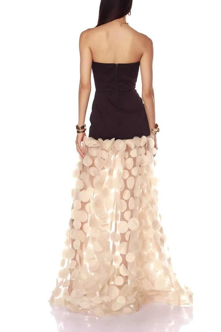 Elegant Strapless Top with Patchwork Polka Dot Mesh Maxi Dress