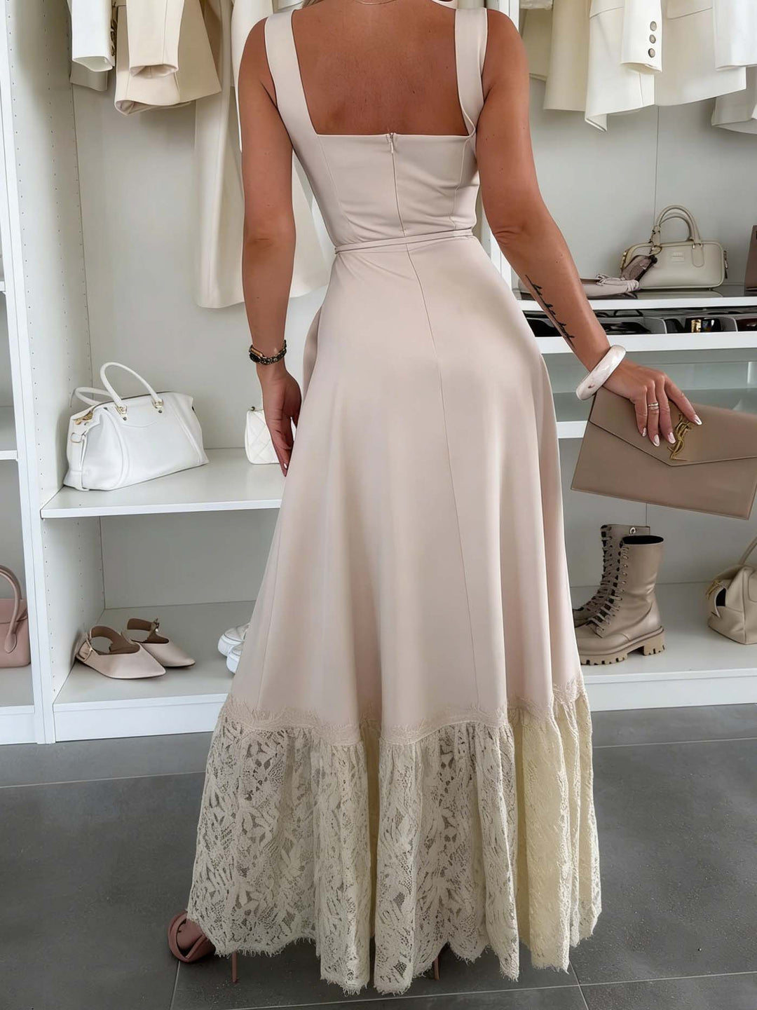 Elegant Square Neck Tie-Up Lace Maxi Dress