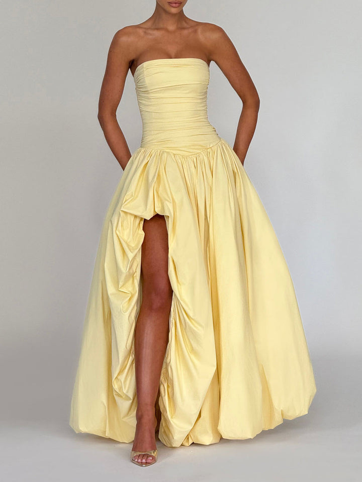 Elegant Strapless Ruched High-Slit Ball Gown Maxi Dress