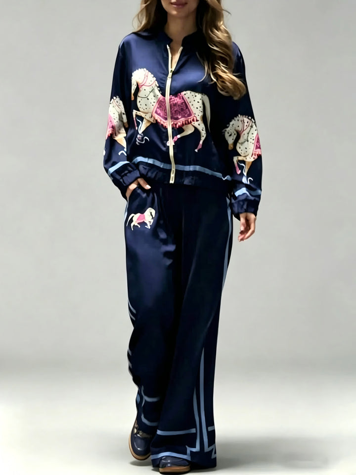 Exquisite Satin Horse Print Wide-Leg Pants