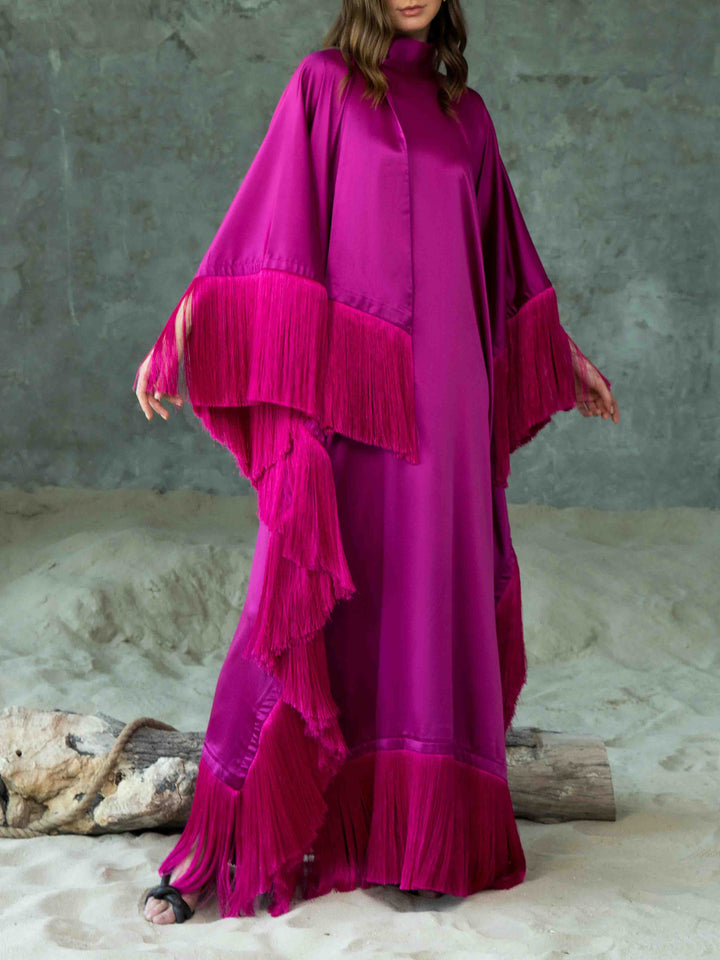 Elegant High-Neck Fringe Trim Asymmetrical Maxi Dress