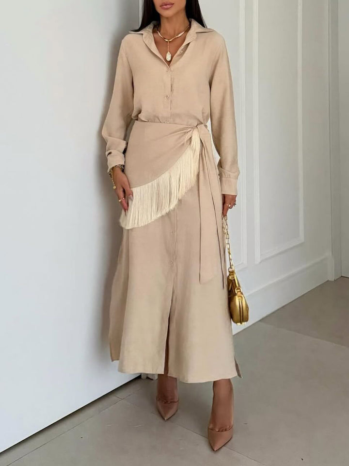 Casual Wrap Fringe Button-Front Shirt Maxi Dress