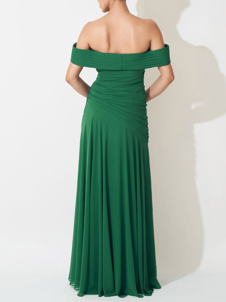 Elegant Off Shoulder Ruched Chiffon Maxi Dress