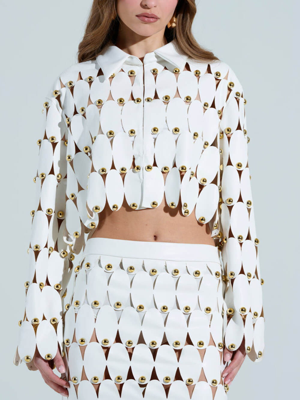 Exquisite Cut-Out Studded PU Cropped Cardigan Top And Maxi Skirt Set