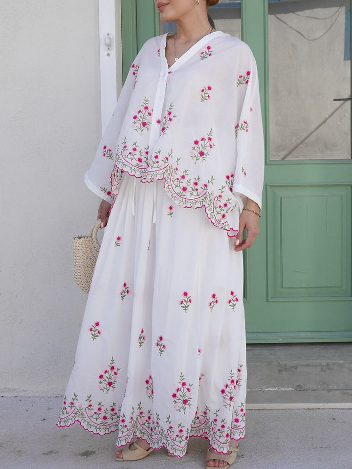 Delicate Floral Embroidered Ruffle With Elastic Waist Midi Skirt