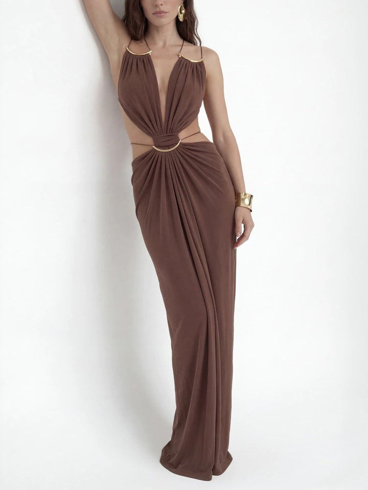 Sexy Metal Chain Cut-Out Backless Lace-Up Draped Maxi Dress