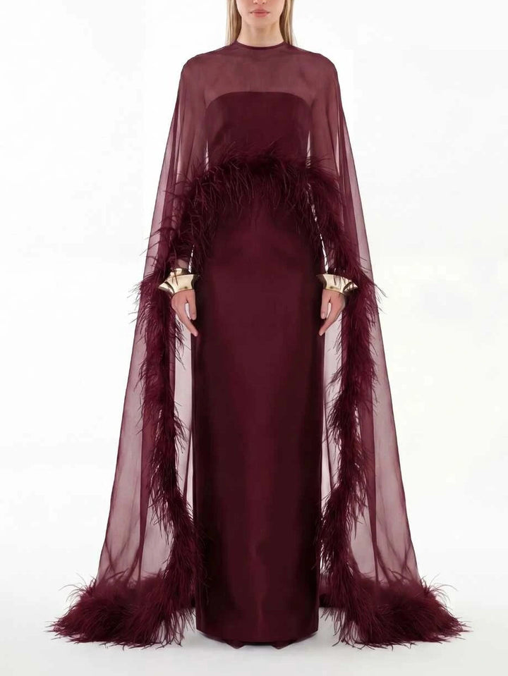 Elegant Sheer Chiffon Shawl Black Satin Maxi Dress