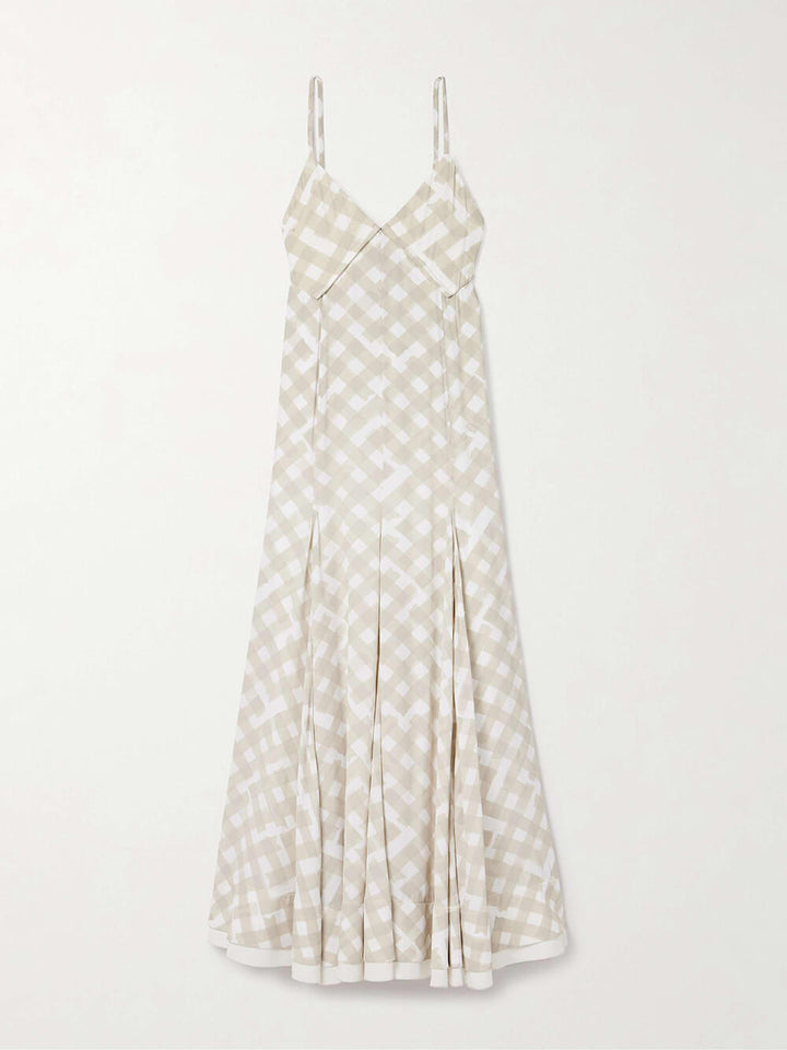 Elegant Plaid Print Pleated Crepe Maxi Dress