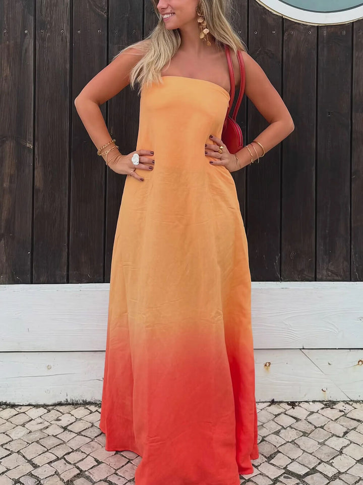 Unique Gradient Color Print Strapless Maxi Dress