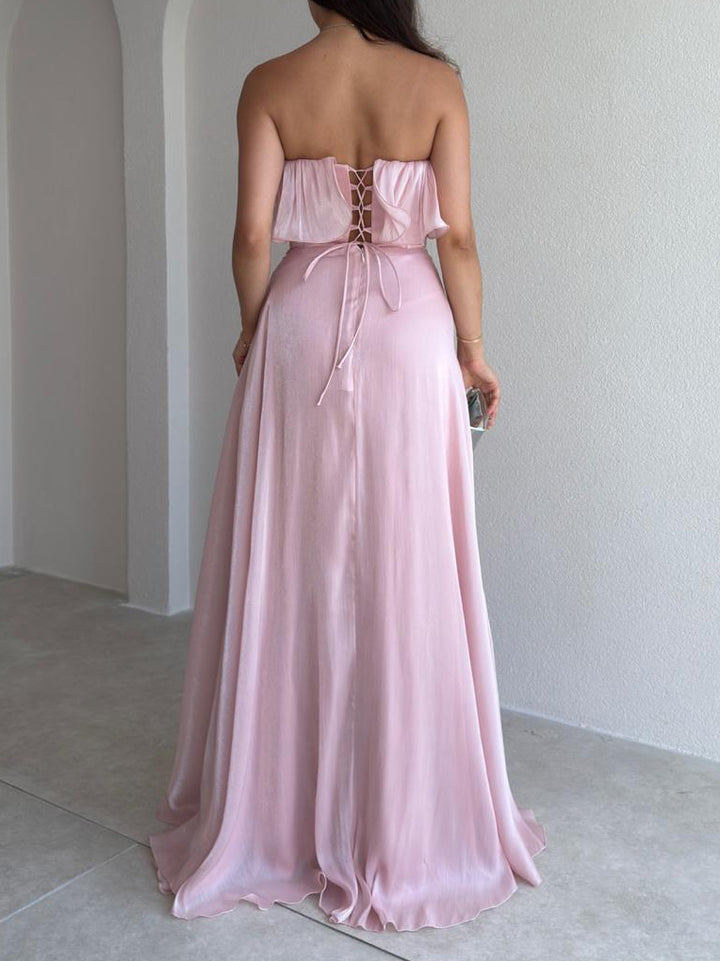 Elegant Strapless Ruffle High Slit Corset Maxi Dress