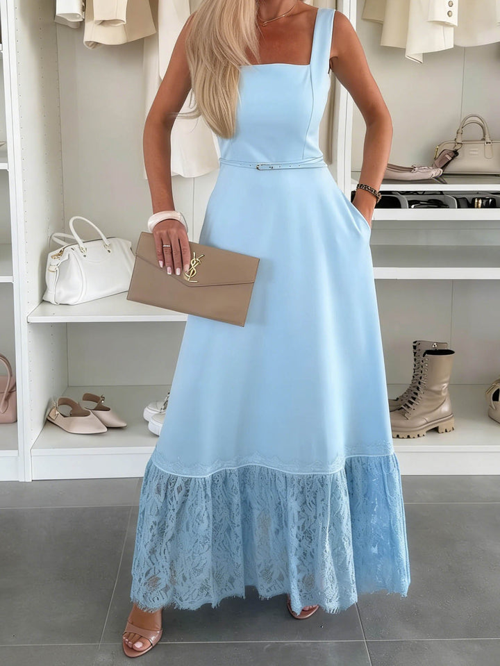 Elegant Square Neck Tie-Up Lace Maxi Dress