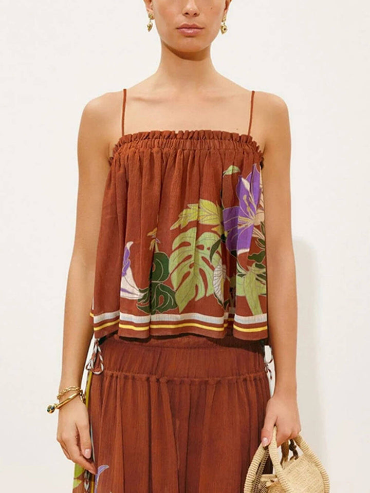 Delicate Ruffle Printed Drawstring Slit Wide-Leg Pants