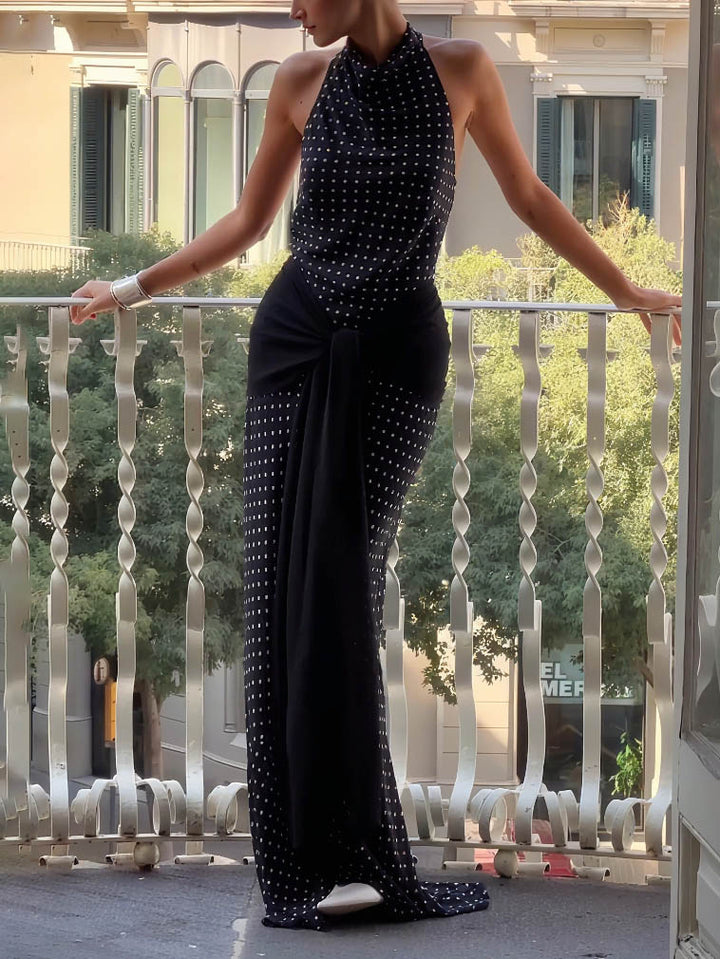 Elegant Halter Neck Polka Dot Maxi Dress